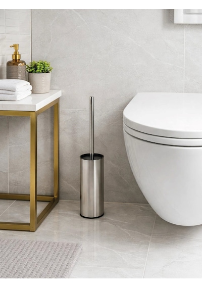 Paslanmaz Çelik İnce Silindir Tuvalet Fırçası Modern, Şık Wc Fırçası Ve Standı Vıchy-7048 Gümüş