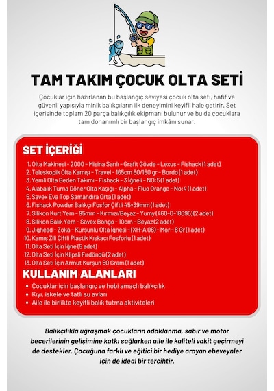 20 Parça Tam Takım Çocuk Olta Seti - 165cm Kamış 50-150 Gr/20'lik Makine Beyaz