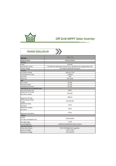Ortec Solar 48v 5.6kW/5600va Mppt Wi-fi Tam Sinüs Akıllı İnverter