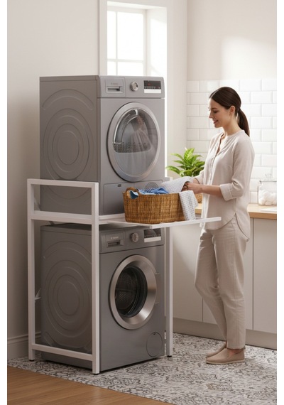 Çamaşır Sepeti Çekmeceli Çamaşır Makinası Ve Kurutma Makinası Rafı Makina Üstü Banyo Düzenleyici Raf Bej