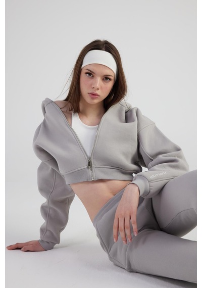 Holly Lolly Kadın Gri Kapüşonlu Uzun Kol Fermuarlı Crop Mixed Sweat