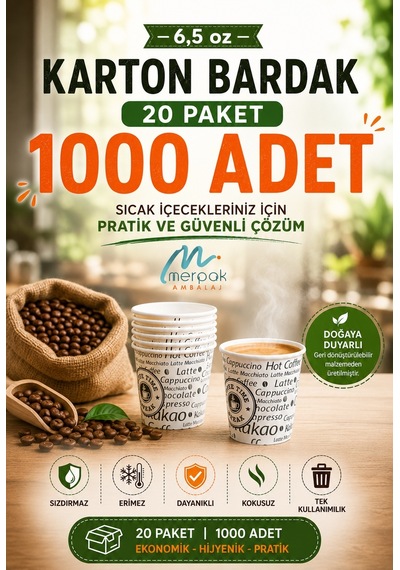 Karton Bardak 6,5 Oz 1000'li Sızdırmaz Erimez Kağıt Bardak