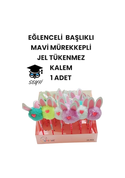 Eğlenceli Başlıklı İnce Uçlu Jel Tükenmez Kalem Mavi Mürekkep 9