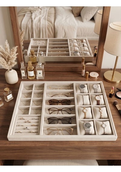 Homebiente Xlarge 50x36,5 Cm Krem Kadife Saat, Gözlük, Yüzük Ve Küpe Takı Organizer Tablası