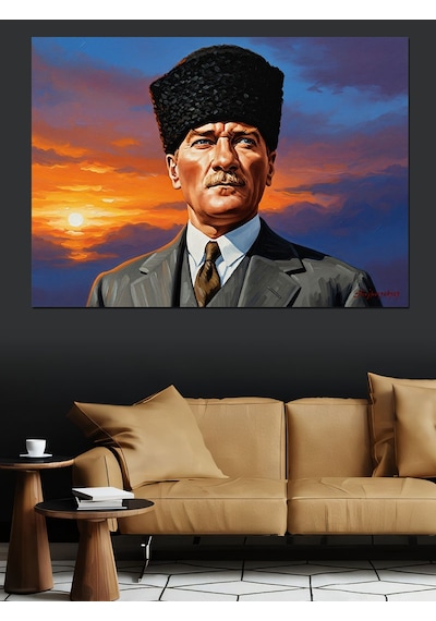 Kalpak Başlıklı Atatürk Portresi Ve Gün Batımı Dekoratif Kanvas - Mdf Ahşap Tablo