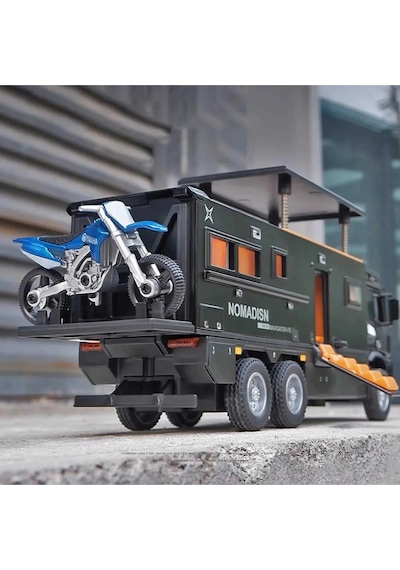 Motosikletli Karavan Kamyon Modeli - 23 Cm Sesli Işıklı, Açılabilir Tavanlı Çek Bırak Metal Kamp Oyuncağı