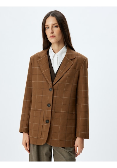 Koton Cepli Düğmeli Kruvaze Blazer Ceket Kahverengi Ekose 5wak50119uw Kahverengi