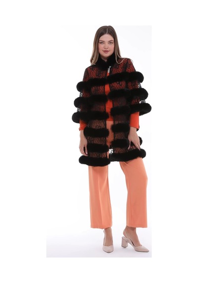 Furrier Suni Kürk Detaylı Dik Yaka Çiçek Desenli Dantel Yelek Siyah