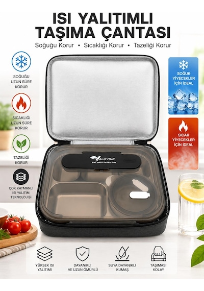 Valkyrie 304 Paslanmaz Çelik Lunch Box 2400 Ml Termal Taşıma Çantalı 5 Bölmeli Sızdırmaz Yemek Kabı Çatal Kaşık Dahil Siyah