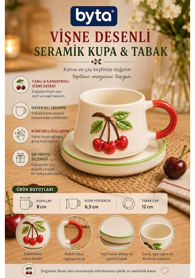 Vişne Desenli Seramik Tabaklı Kupa Bardak Kabartmalı El Yapımı Görünümlü Kahve Ve Çay Fincanı Seti Beyaz