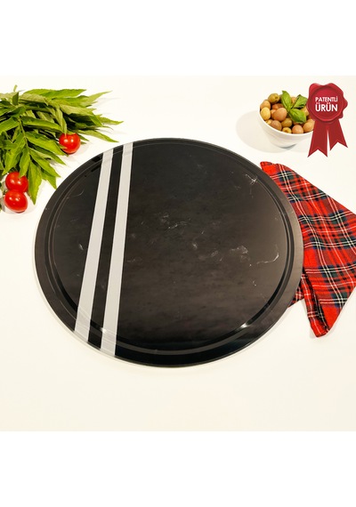 Kanallı Cam Kesme Tahtası - Dark World Şeritli - Çap32cm