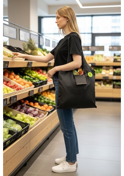 Kapsül Çanta Omuz Çantası Alışveriş Çantası Shopping Bag İnce Paraşüt Kumaş Siyah