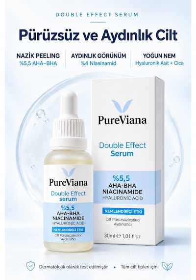 Pureviana Double Effect Serum 30 ML Aha-bha + Niacinamide + Hyaluronik Asit Aydınlatıcı, Gözenek Sıkılaştırıcı, Ton Eşitleyici
