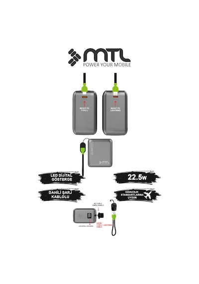 15000 Mah 22.5w Turbo Şarj Dahili Kablolu Led Göstergeli Pd Ve Qc 3.0 Powerbank Mt4515 Çok Renkli