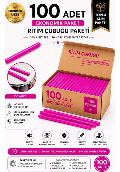 Midex Orf-bt-25pk-50x Pembe Ritim Çubuğu Paketi 25 Cm Karbon Fiber Örf Aletleri Seti Toptan Paket Tek Renk 50 Çift