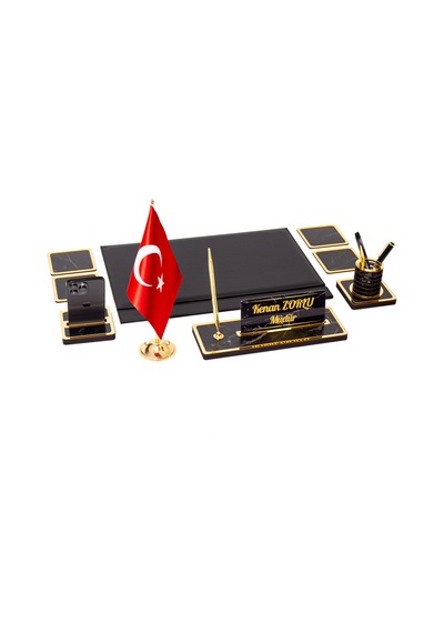 Star Bayraklı Mermer Desenli Ahşap Sümen Takımı Deri Sümen Seti Masa İsimliği