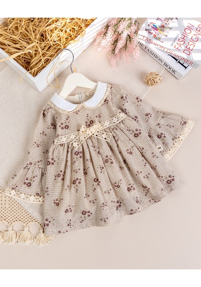 Babymod Bebe Yaka Dantelli 100% Pamuk Şık Kız Bebek Elbise Bej