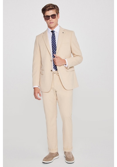Erkek Bej Slim Fit Dar Kesim Mono Yaka Beli Bağlamalı Kapak Cepli Esnek Takım Elbise Bej