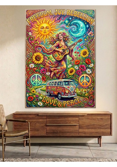 Hippie Love Peace Güneş Karavan Dekoratif Kanvas - Mdf Ahşap Tablo Çok Renkli
