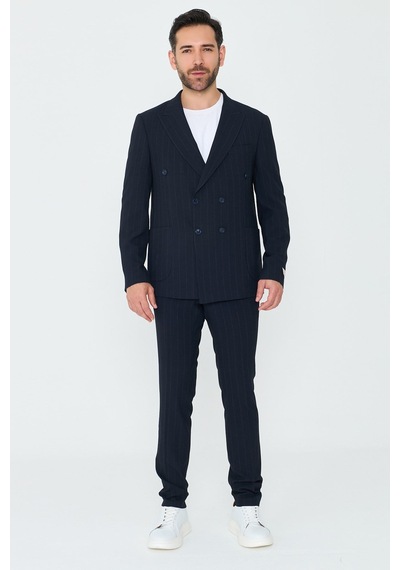 Lacivert Kruvaze İnce Çizgili 6 Drop Regular Fit Takım Elbise Laci