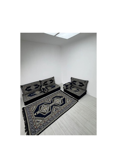 20 Cm Kalınlıklı Şark Köşesi Takımı - 70x190 + 70x95 Lacivert Yahyalı Desenli Minder Seti