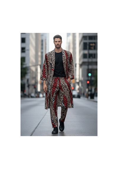 Qmen Style Erkek Kimono Takımı Leopar Desen 3 Lü Viskon Set Bornoz + Pantolon + Şort Bordo