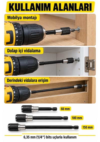 3 Parça Kilitli Manyetik Bits Uç Uzatma Seti 60 / 100 / 150 Mm