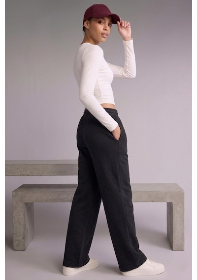Soft&Basic Kadın Beli Bağcıklı Düz Paça Cepli Rahat Jogger Flare Fit Eşofman Altı Siyah