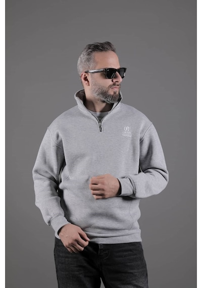 Dik Yakalı Parçalı Erkek Sweatshirt Gri