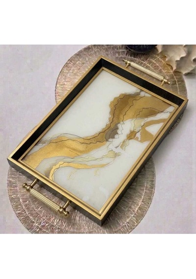 Modern Lüks Desenli Dekoratif Tepsi & Siyah Gold Çerceveli Kulplu Çay Kahve Sunum Tepsisi