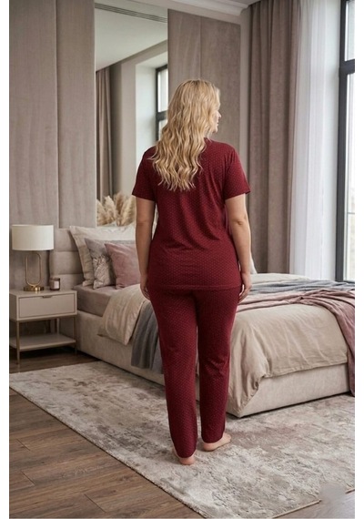 Eyfuze Kadın Büyük Beden Desenli Yakası Düğmeli Kısa Kollu Bambu Pijama Takımı Kırmızı-2 Eyfuze Kadın Büyük Beden Desenli Yakası Düğmeli Kısa Kollu Bambu Pijama Takımı Kırmızı-2