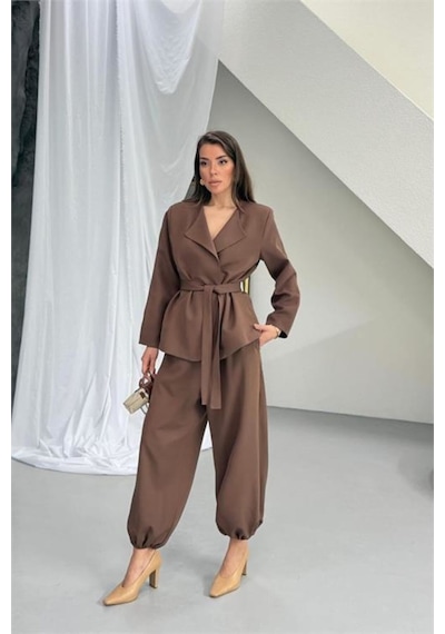Neşeli Butik Kadın Kahverengi Kuşak Detaylı Oversize Şalvar Pantolon Blazer Ceket Takım Nbnp023 Neşeli Butik Kadın Kahverengi Kuşak Detaylı Oversize Şalvar Pantolon Blazer Ceket Takım Nbnp023