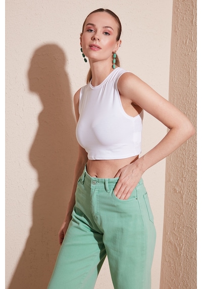 Lela Pamuklu Bisiklet Yaka Dar Kesim Crop Bayan Atlet 5865259 Beyaz