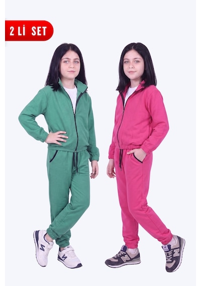 Fyk Kids Kız Çocuk 2'li Dik Yaka Fermuarlı Beli Bağcıklı Lastik Paça Eşofman Takımı Yeşil-fuşya
