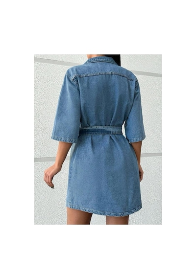 Kene Jeans Kuşaklı Mavi Full Düğme Kapamalı Kısa Kot Elbise Mavi