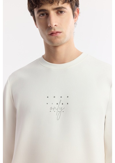 Avva Erkek Beyaz Bisiklet Yaka Baskılı Bi-stretch İnterlok Regular Fit Sweatshirt A51y1235