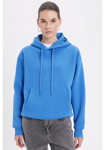 Tudors Kadın Oversize Geniş Kesim Pamuklu Yumuşak Dokulu İçi Polarlı Basic Mavi Kapüşonlu Sweatshirt-37901 Mavi