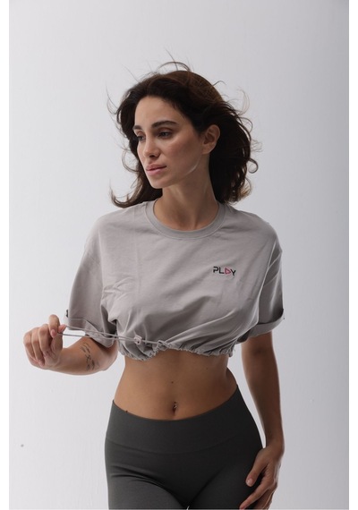 Crop Gri Kısa Belden Lastikli Tişört Gri