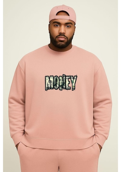Benroma 3 İplik Penye Money Baskılı Büyük Beden Unisex Sweatshırt Pembe