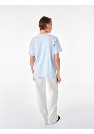 Koton Pamuklu Kısa Kollu Bisiklet Yaka Oversize Basic Tişört Mavi 7wak50007ek