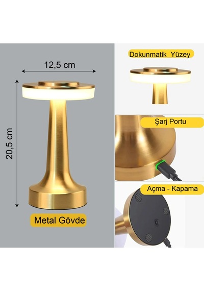Dokunmatik Şarjlı Metal Masa Lambası 3 Renk Taşınabilir Retro Led