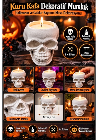 Halloween Kuru Kafa Mumluk Kafatası Mum Standı Cadılar Bayramı Parti Masa Dekorasyonu 8 X 6,5 Cm Diğer
