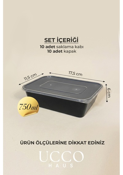750 Ml Kapaklı Buzluk Mikrodalga Saklama Kabı - 10 Adet- Et, Kıyma, Yemek, Salata Buzdolabı Organizeri Siyah