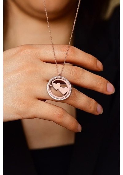 Zirkon Taşlı Rose Çift Kalp Yuvarlak İsimli Gümüş Kolye