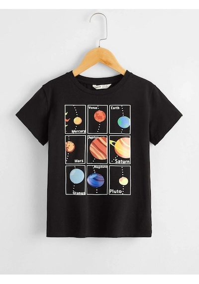 Flood Of Style Erkek Çocuk Siyah Gezegenler Baskılı Oversize Bisiklet Yaka Tshirt