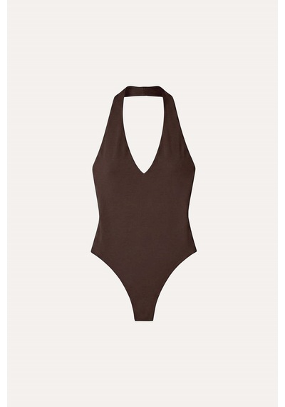 Vatkalı Derin V Yaka Bodysuit-16647 Kahverengi