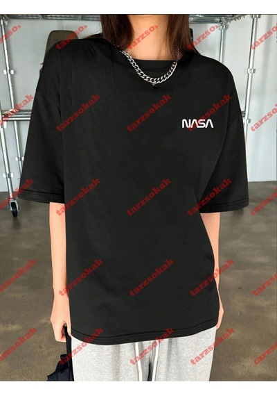 Tarzsokak Unisex Nasaa Baskılı Tshirt Beyaz Siyah