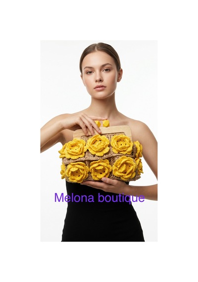 Melonndesign Melona Butik Gül Motifli El Çantası Sarı