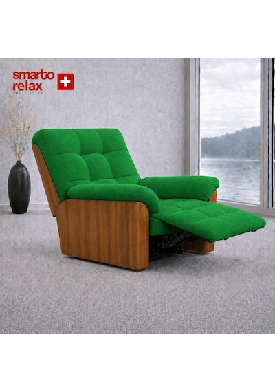 Smarto Relax Porto Tv Koltuğu Elektrikli Masajlı Isıtmalı Döner Sallanan Ahşap Yan Panelli Polyester Kumaş Baba Koltuğu Yeşil