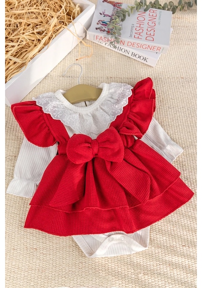 Babymod Fiyonklu 100% Pamuk Şık Kız Bebek Jile Etek Elbise Kırmızı